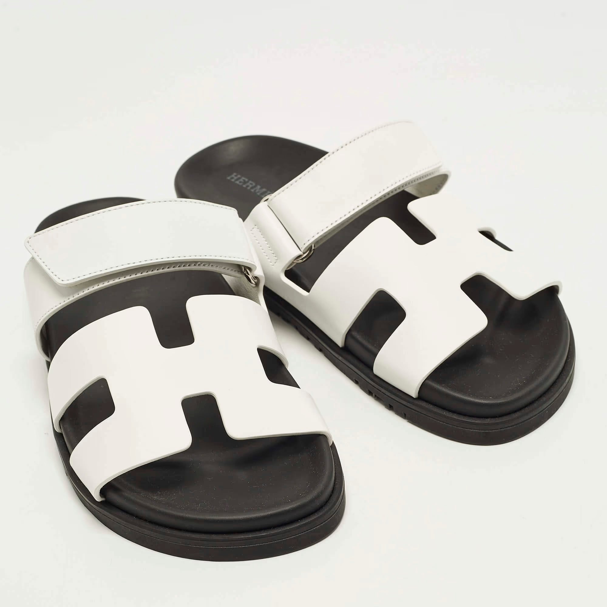 Hermes Chypre Size 37.5 White Leather Flat Slide
