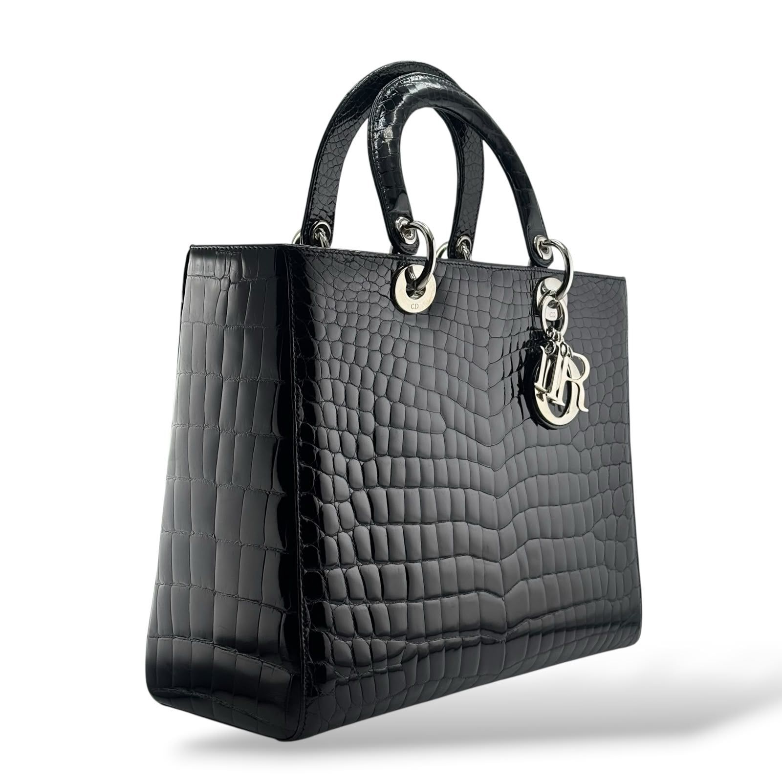Christian Dior Black Shiny Niloticus Crocodile Large Lady Dior Bag