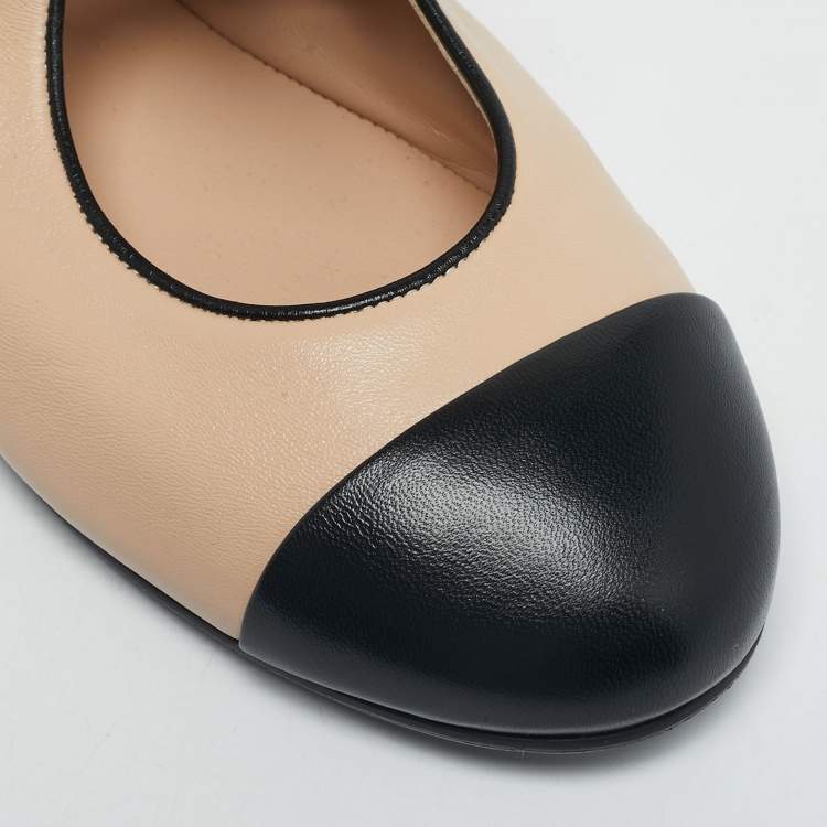Chanel Beige/Black Leather CC Cap Toe Mary Jane Ballet Flats Size 39.5