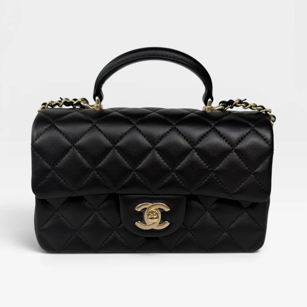 CHANEL MINI RECTANGLE TOP HANDLE IN BLACK LAMBSKIN LEATHER WITH PALE GOLD HARDWARE
