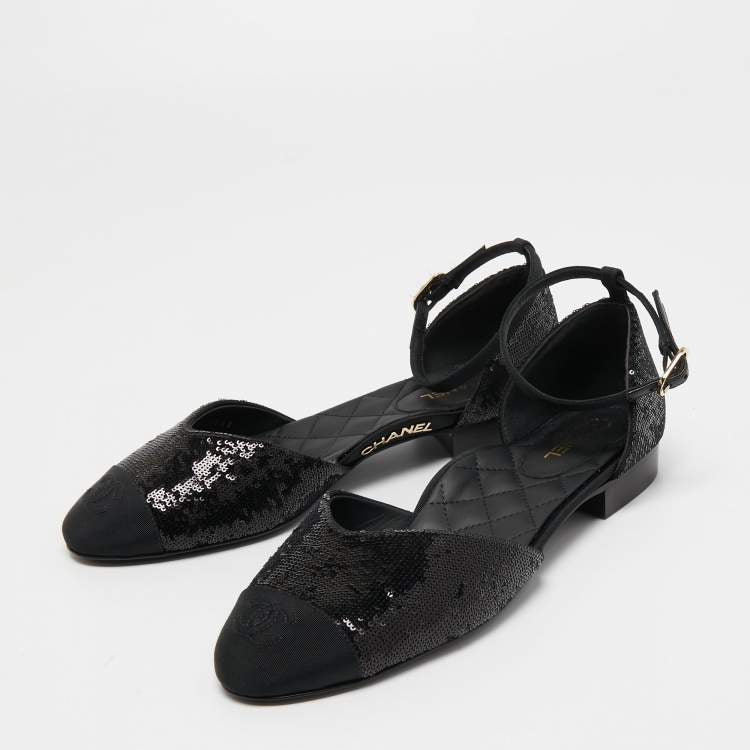 Chanel Black Sequins and Canvas CC Cap Toe Mary Jane Flats Size 39
