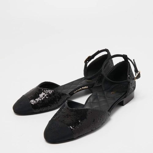 Chanel Black Sequins and Canvas CC Cap Toe Mary Jane Flats Size 39