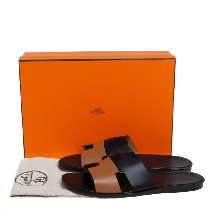 Hermés Black/Brown Leather Izmir Flat Slides Size 44