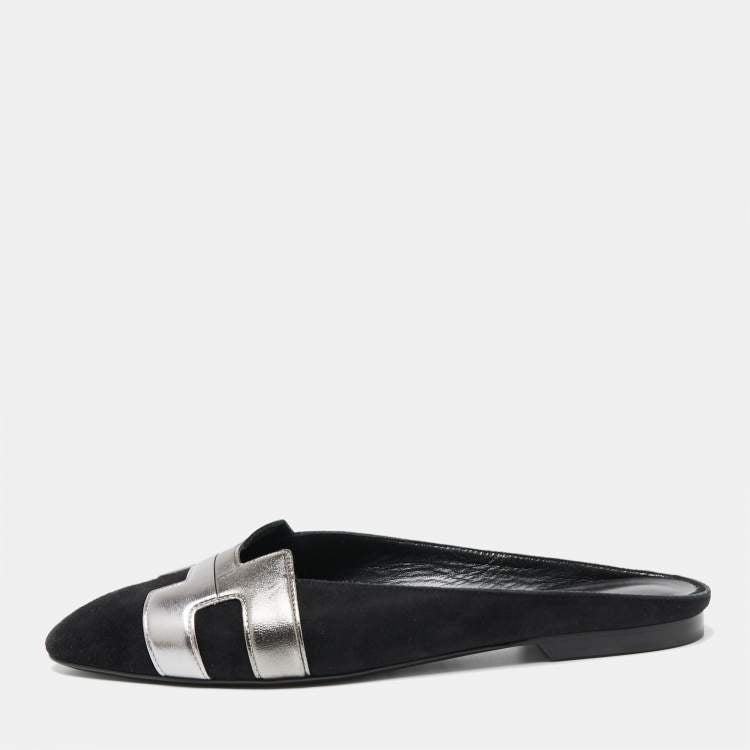 Hermes Black/Metallic Grey Suede and Leather Roxane Flat Mules Size 37