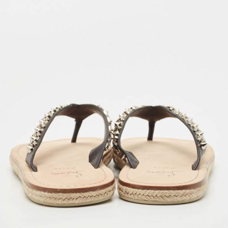 Christian Louboutin Black Leather Spike Thong Sandals Size 43