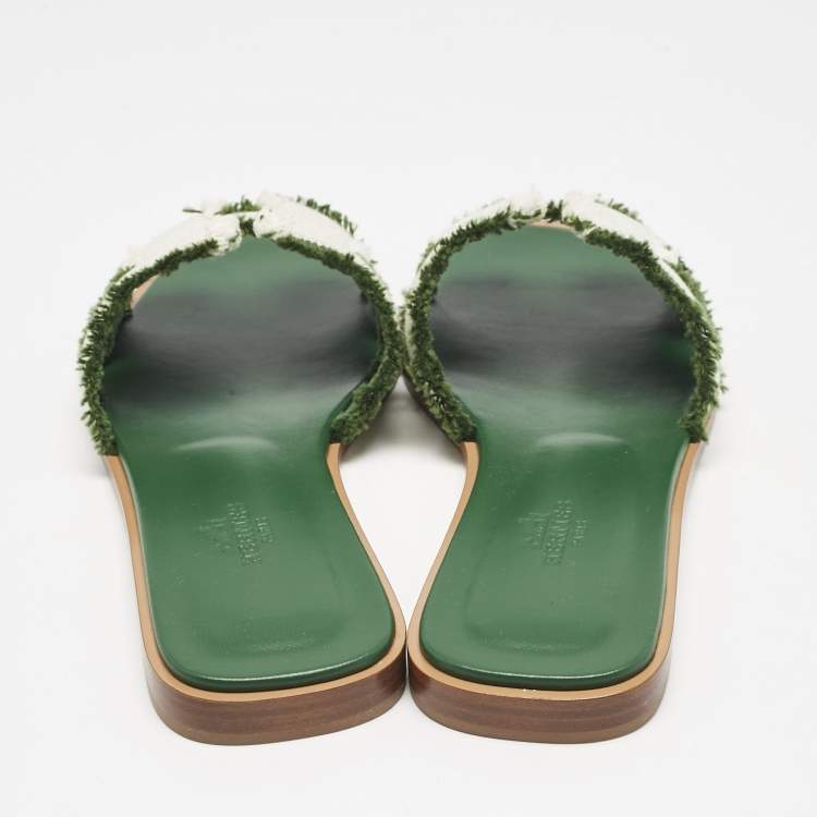 Hermes Beige/Green Fringe Canvas Oran Flat Slide Sandals Size 37
