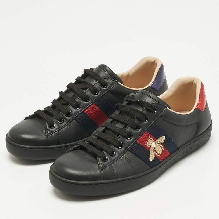 Gucci Black Leather and Snakeskin Embossed Leather Ace Lace Up Sneakers Size 38.5