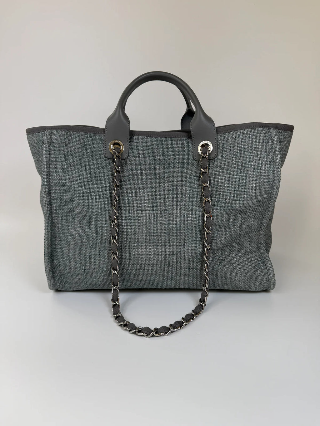 CHANEL MEDIUM DEAUVILLE TOTE BAG IN DENIM BLUE WITH SILVER HARDWARE