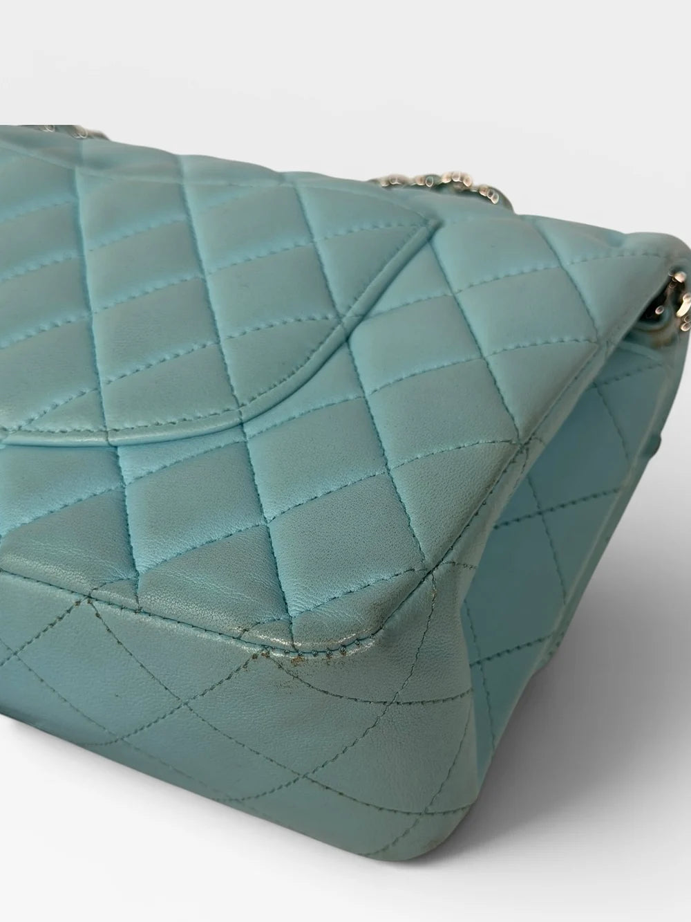 CHANEL MEDIUM DOUBLE CLASSIC FLAP LIGHT BLUE LAMBSKIN SILVER HARDWARE