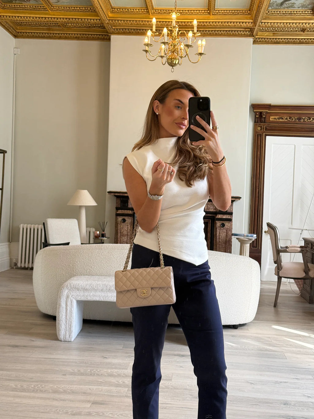 CHANEL SMALL CLASSIC DOUBLE FLAP IN LIGHT BEIGE LAMBSKIN LEATHER WITH PALE GOLD HARDWARE