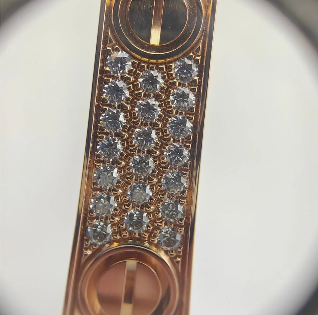 Cartier Love Paved Diamond 18K Rose Gold Cuff Bracelet Size 18