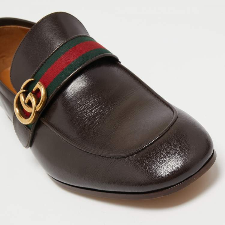 Gucci Brown Leather GG Marmont Web Loafers Size 46