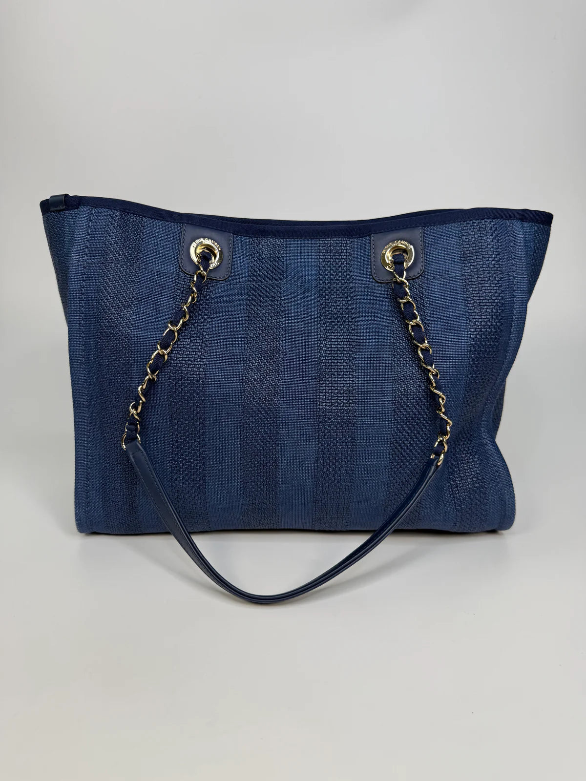 CHANEL SMALL DEAUVILLE TOTE BAG IN DARK BLUE WITH PALE GOLD HARDWARE