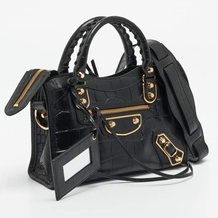 Balenciaga Metallic Edge City Mini Black Croc Embossed Leather Tote