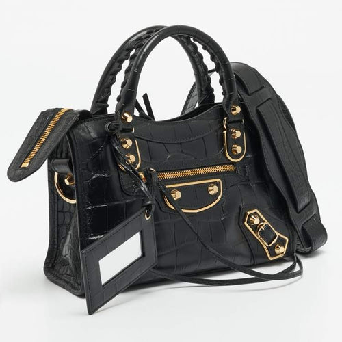 Balenciaga Metallic Edge City Mini Black Croc Embossed Leather Tote