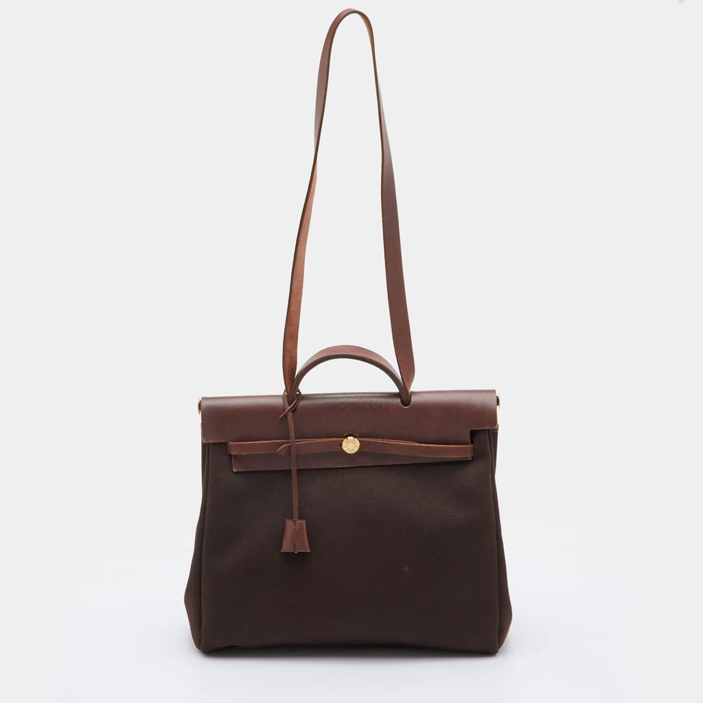 Hermes Herbag 39 Chocolate/Terre Toile and Vache Leather Top Handle Bag