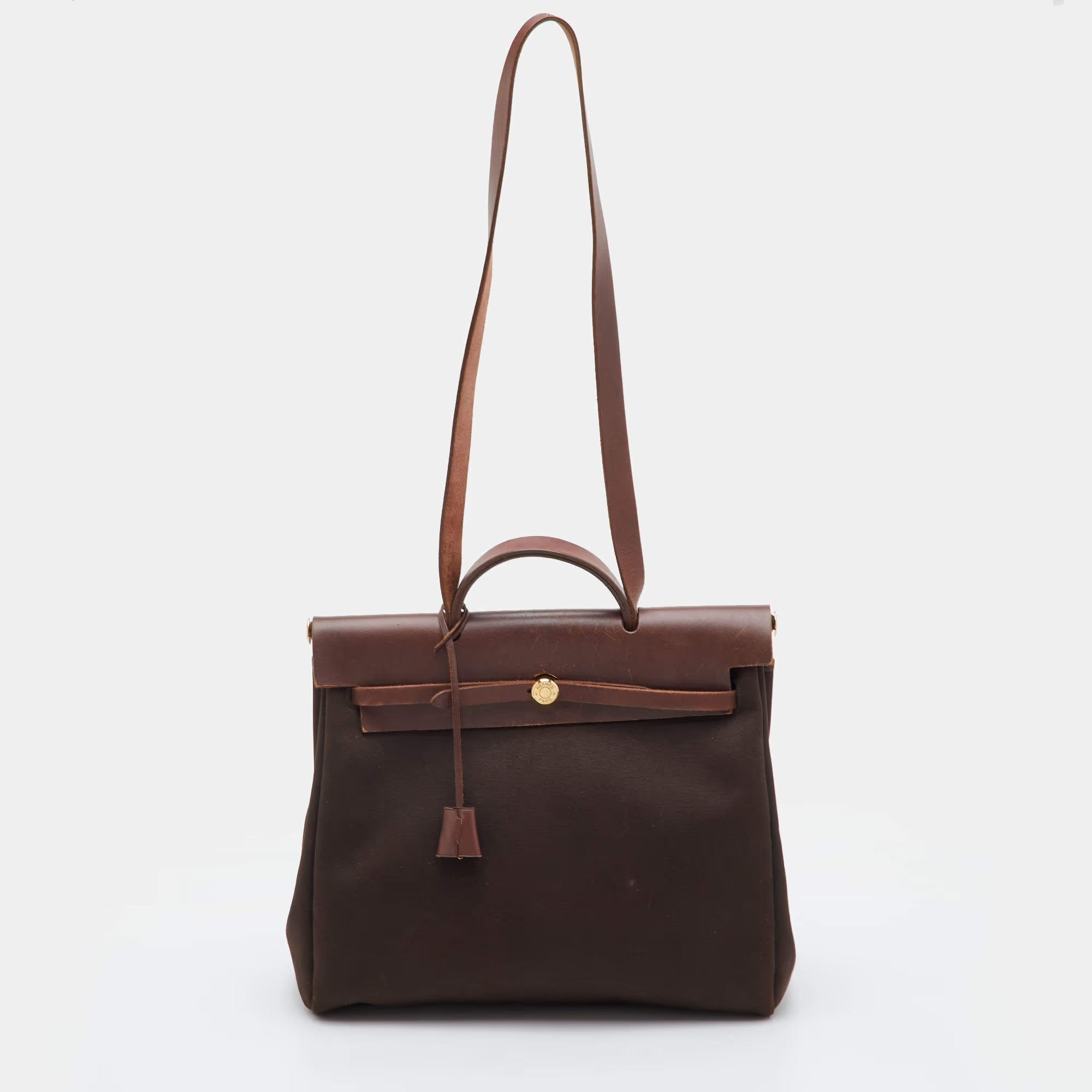 Hermes Herbag 39 Chocolate/Terre Toile and Vache Leather Top Handle Bag