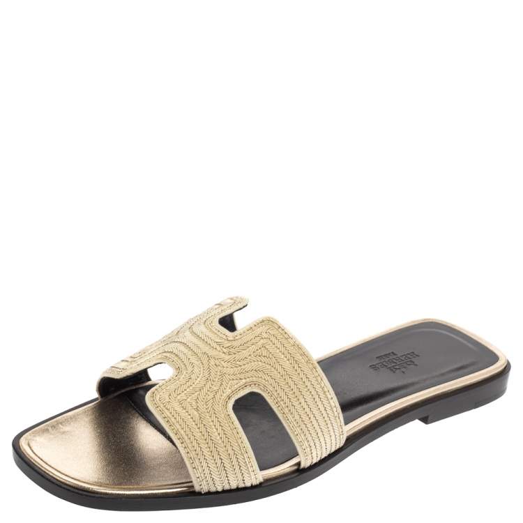 Hermes Metallic Pale Gold Twisted Metal Thread Oran Sandals Size 37