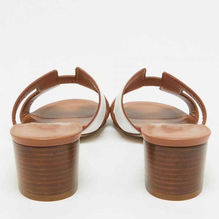 Hermes Brown/White Leather Oasis Slide Sandals Size 36.5