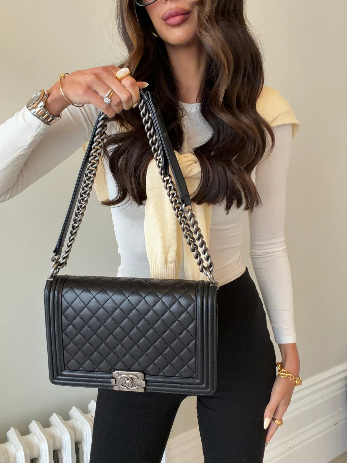 CHANEL BLACK LAMBSKIN LEATHER LARGE BOY BAG WITH RHW