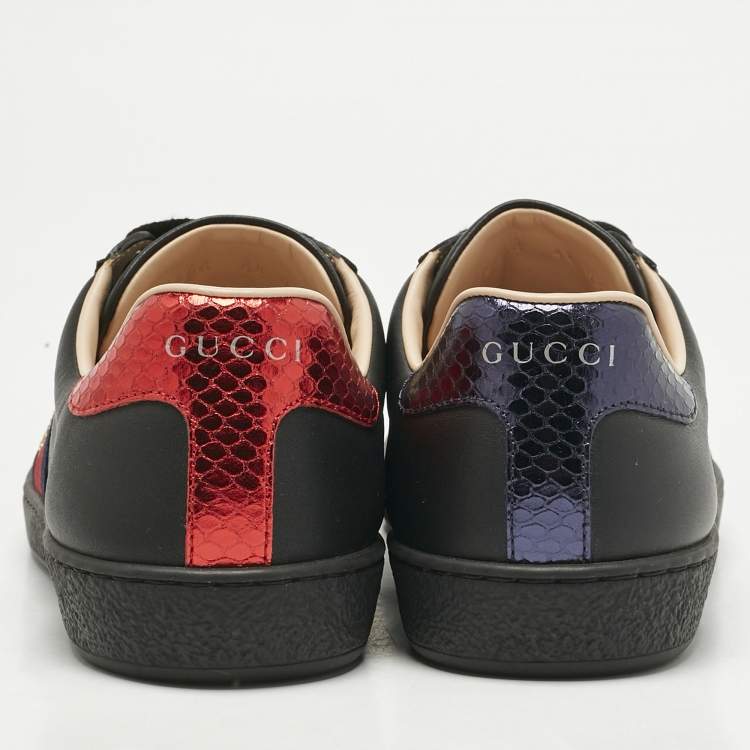 Gucci Black Leather and Snakeskin Embossed Leather Ace Lace Up Sneakers Size 38.5