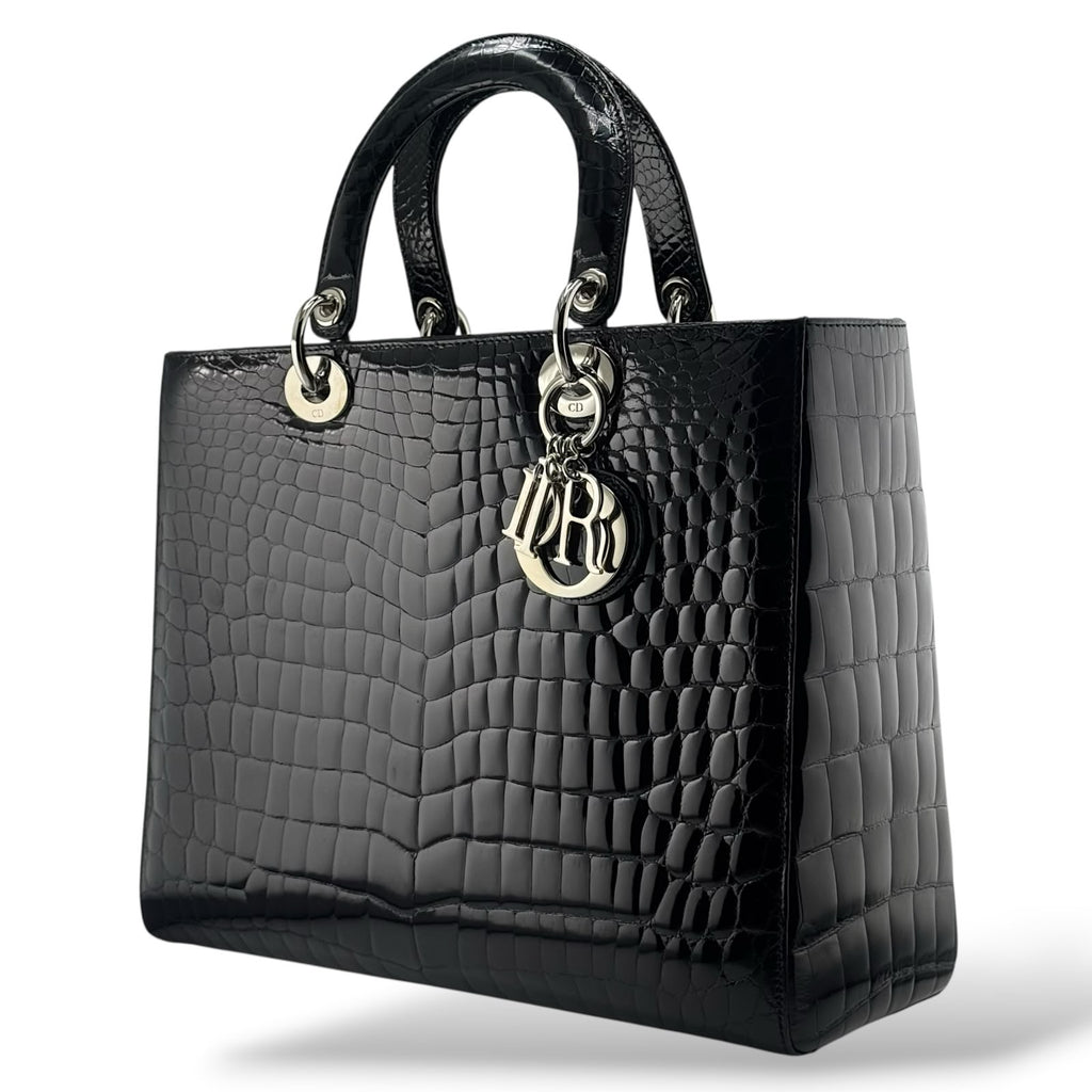 Christian Dior Black Shiny Niloticus Crocodile Large Lady Dior Bag