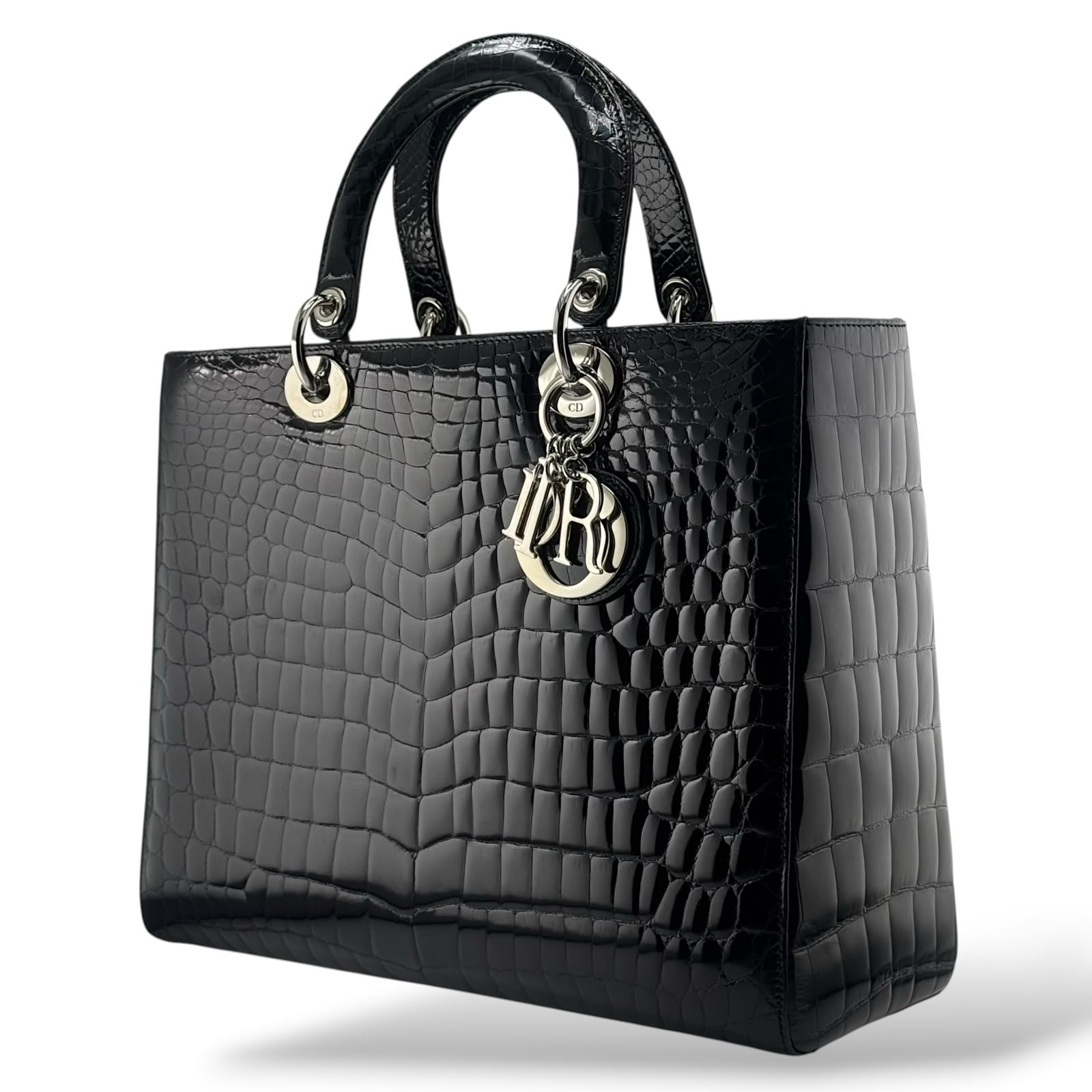 Christian Dior Black Shiny Niloticus Crocodile Large Lady Dior Bag