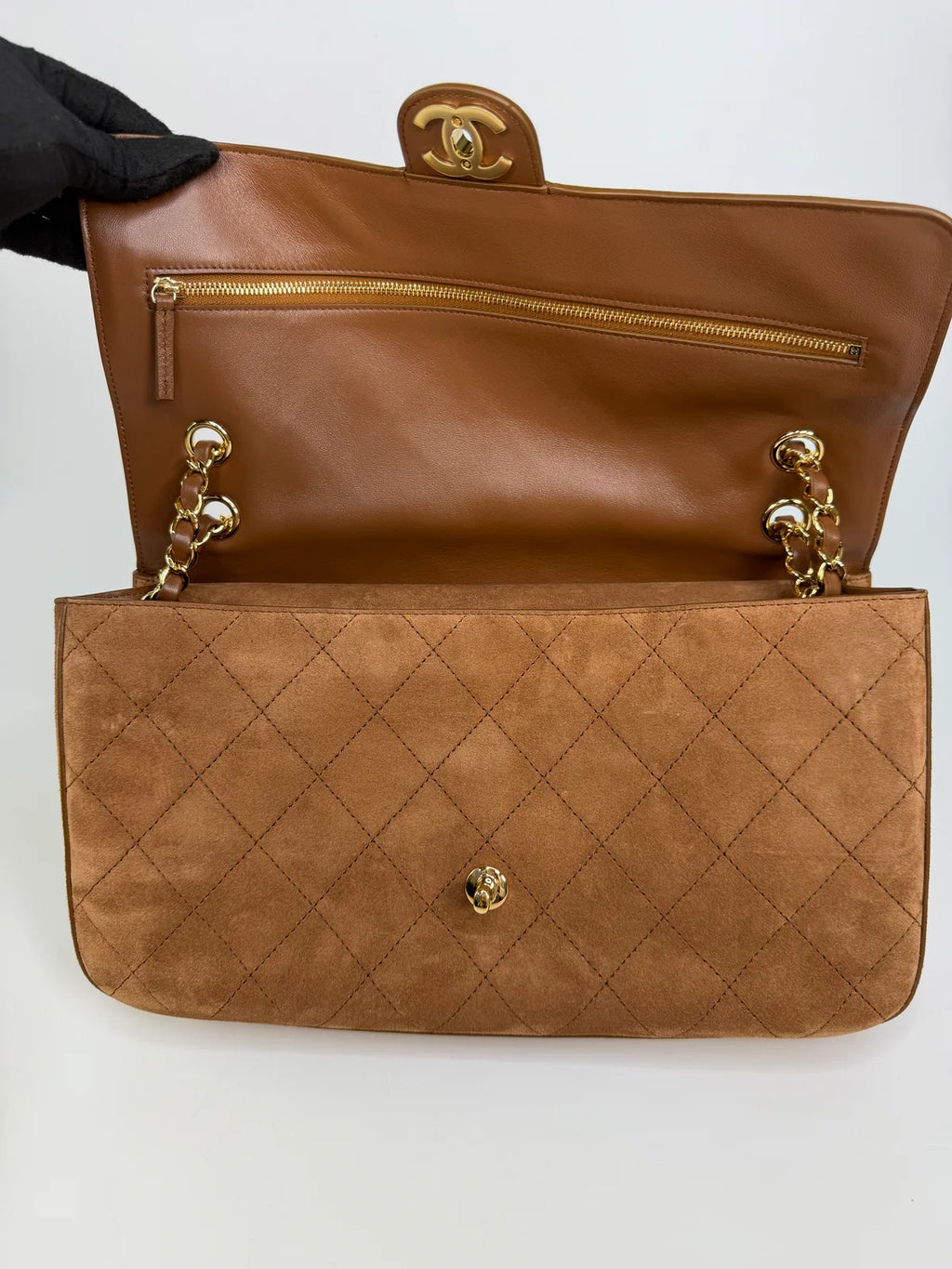 CHANEL MAXI FLAP IN TAN SUEDE WITH GOLD HARDWARE