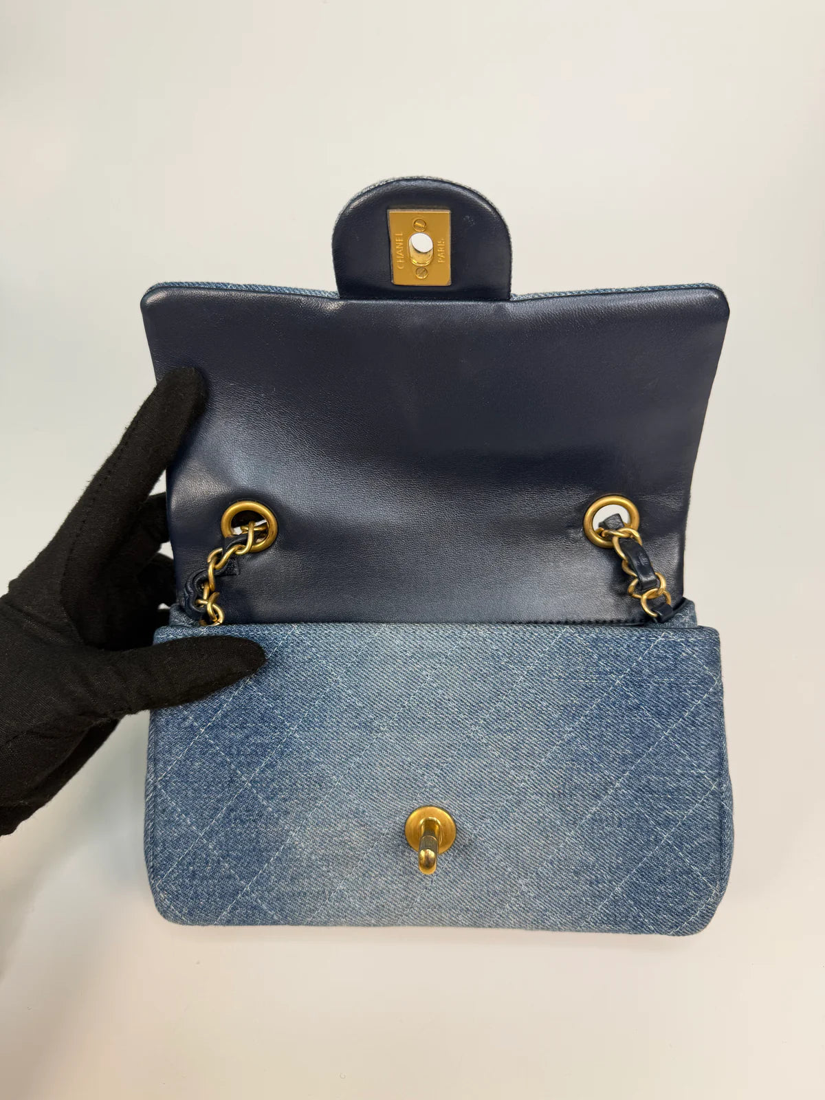 CHANEL MINI RECTANGLE IN BLUE DENIM WITH GOLD HARDWARE