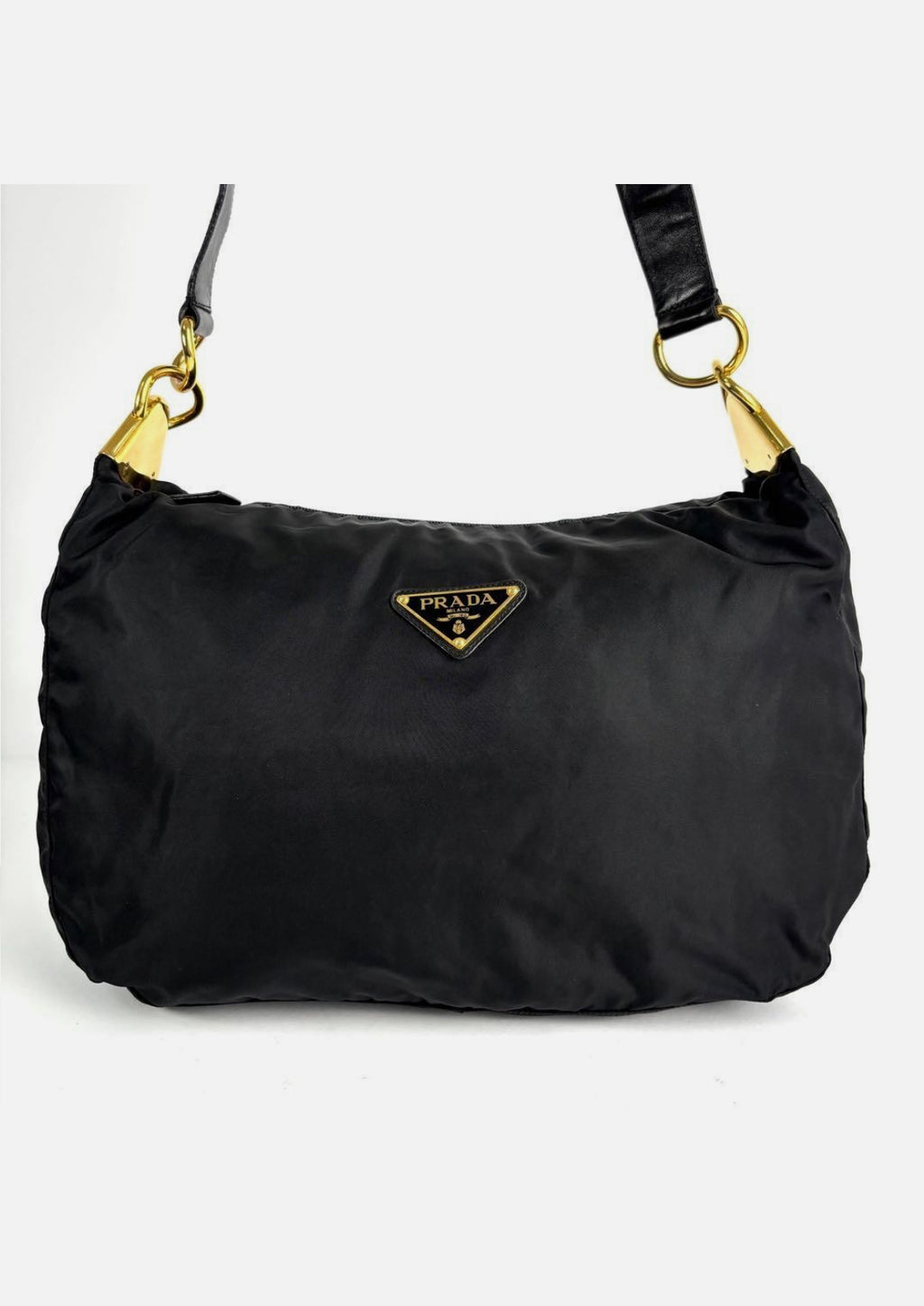 Prada Triangle Hobo Shoulder Bag Nylon Leather Black
