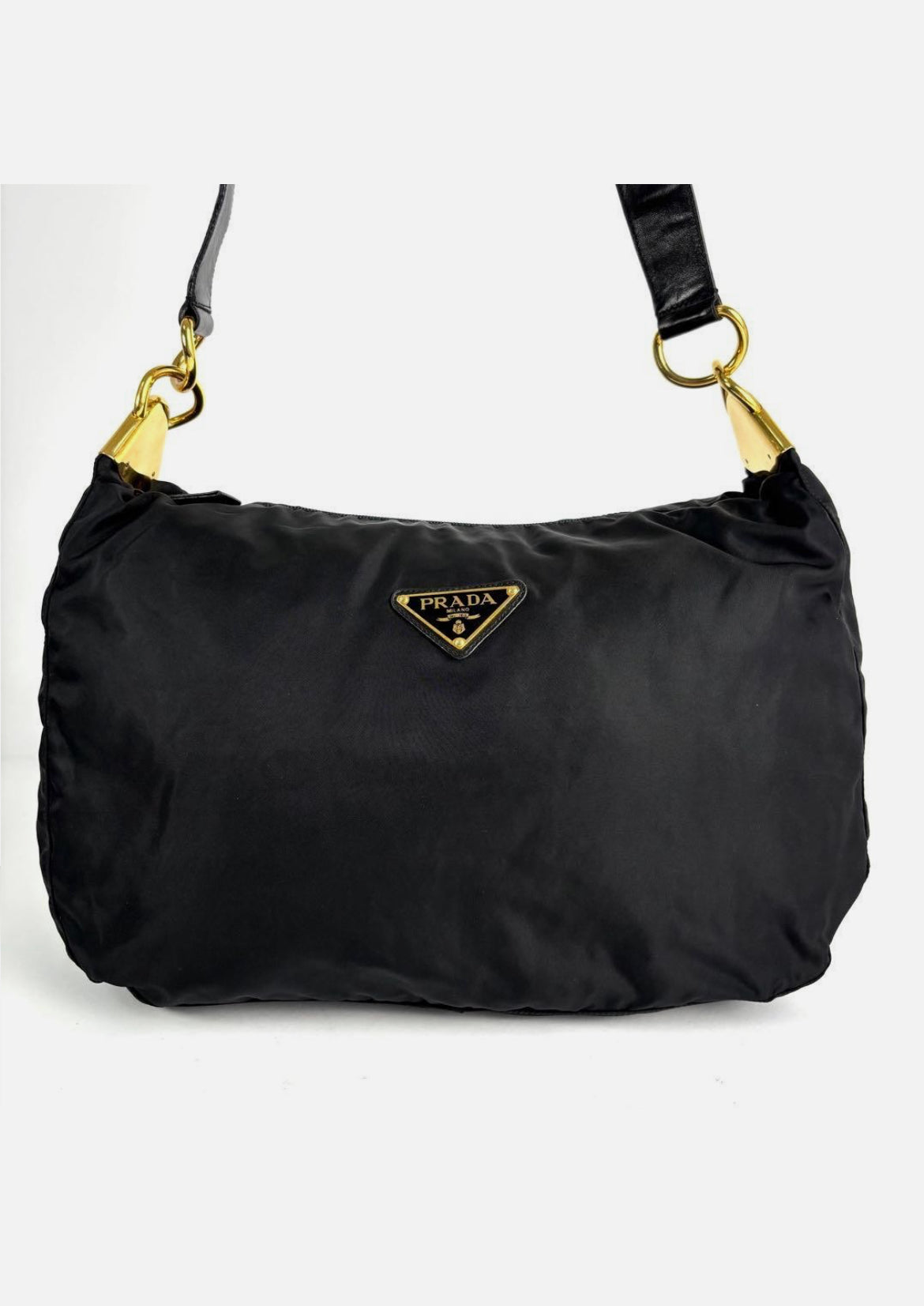 Prada Triangle Hobo Shoulder Bag Nylon Leather Black