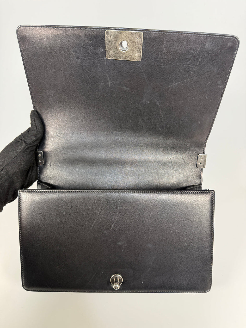 CHANEL BLACK LAMBSKIN LEATHER LARGE BOY BAG WITH RHW