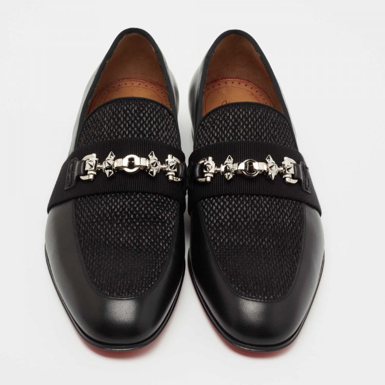 Christian Louboutin Black Leather and Raffia Panamax Spiked Loafers Size 43.5