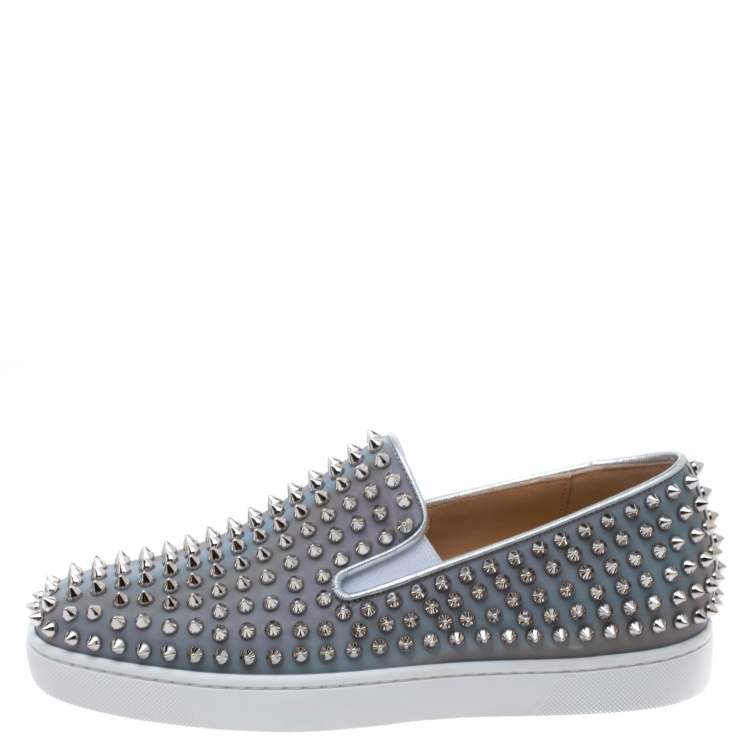 Christian Louboutin Metallic Silver Leather Roller Boat Spiked Slip On Sneakers Size 40