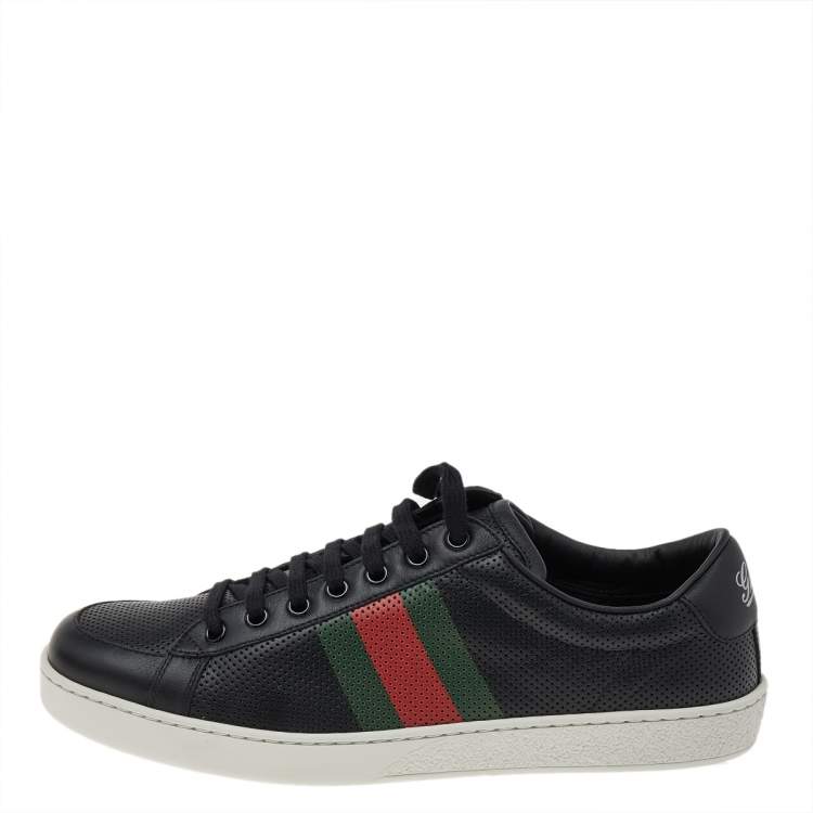 Gucci Black Perforated Leather Web Detail Low Top Sneakers Size 42.5