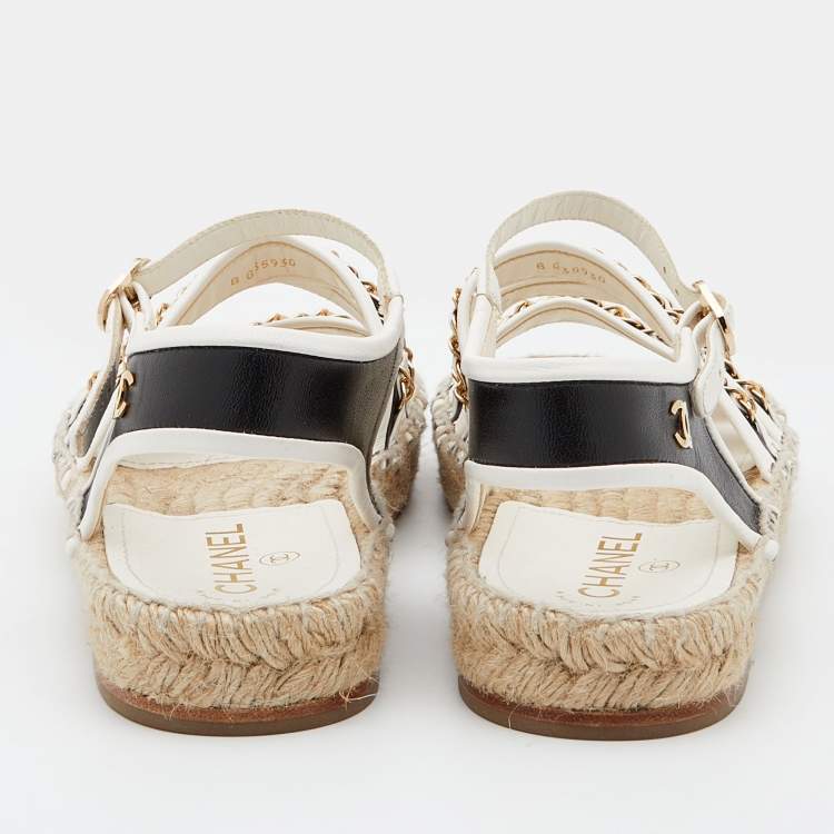 Chanel White/Black Leather Chain Embellished Ankle Strap Espadrille Flats Size 40