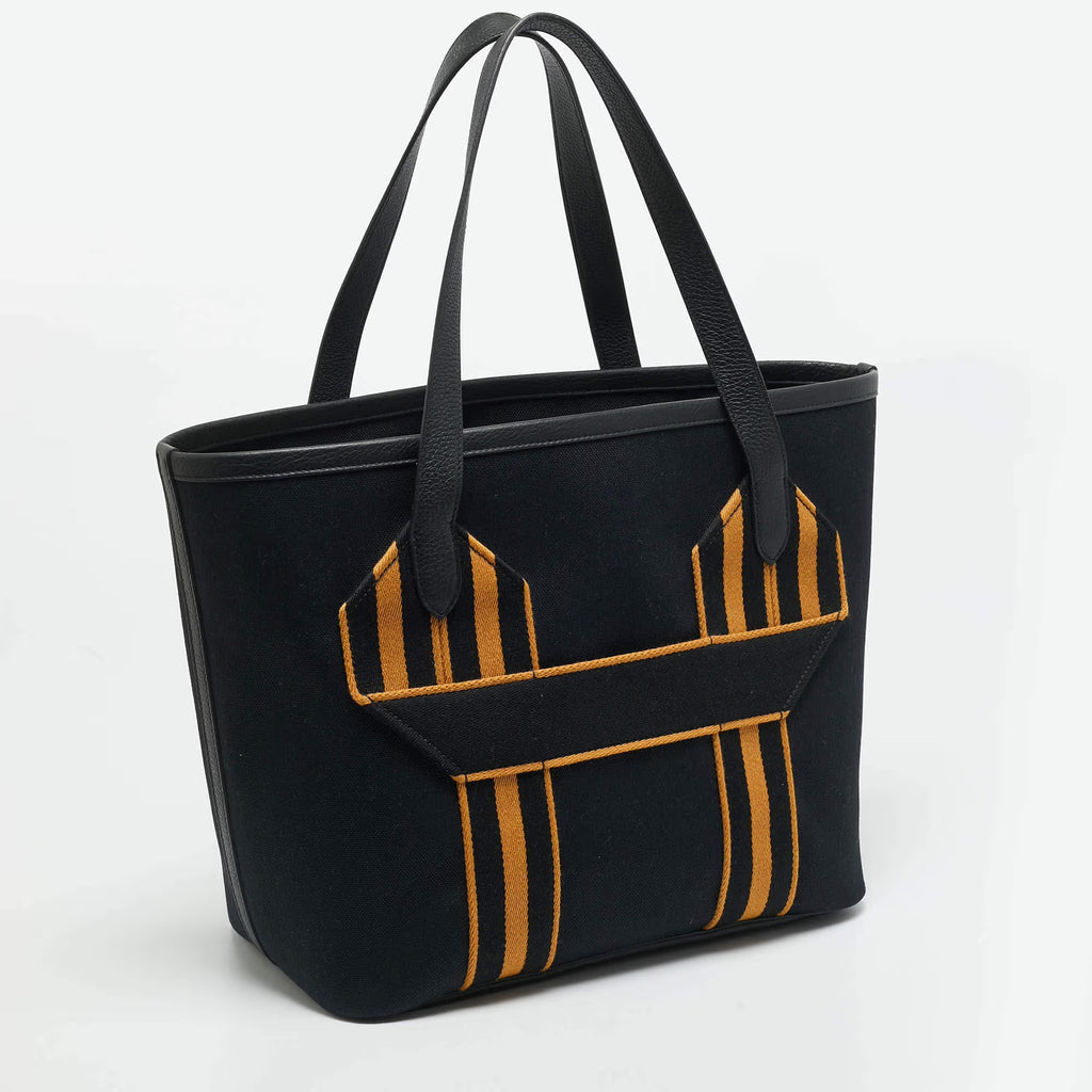Hermes Pursangle MM Noir/Caramel Militaire Toile and Taurillon Clemence Leather Tote