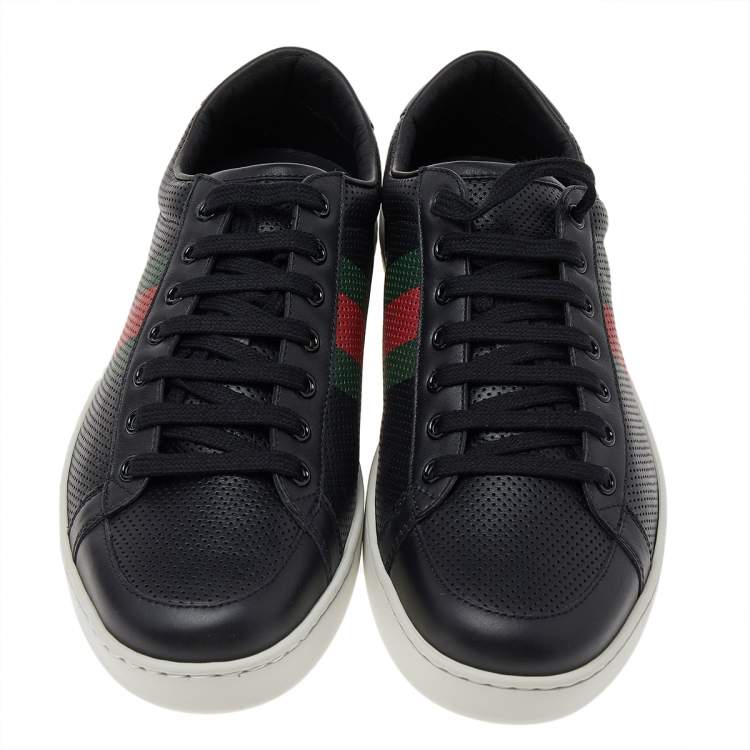 Gucci Black Perforated Leather Web Detail Low Top Sneakers Size 42.5
