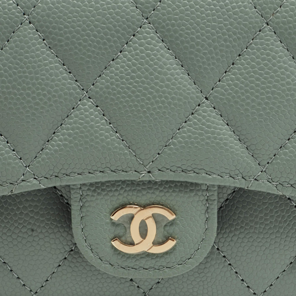 Chanel Classic Sage Green Quilted Caviar Leather Trifold Wallet