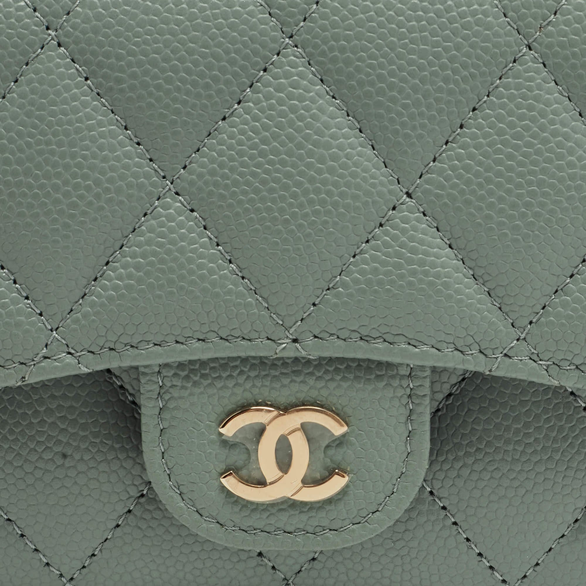 Chanel Classic Sage Green Quilted Caviar Leather Trifold Wallet
