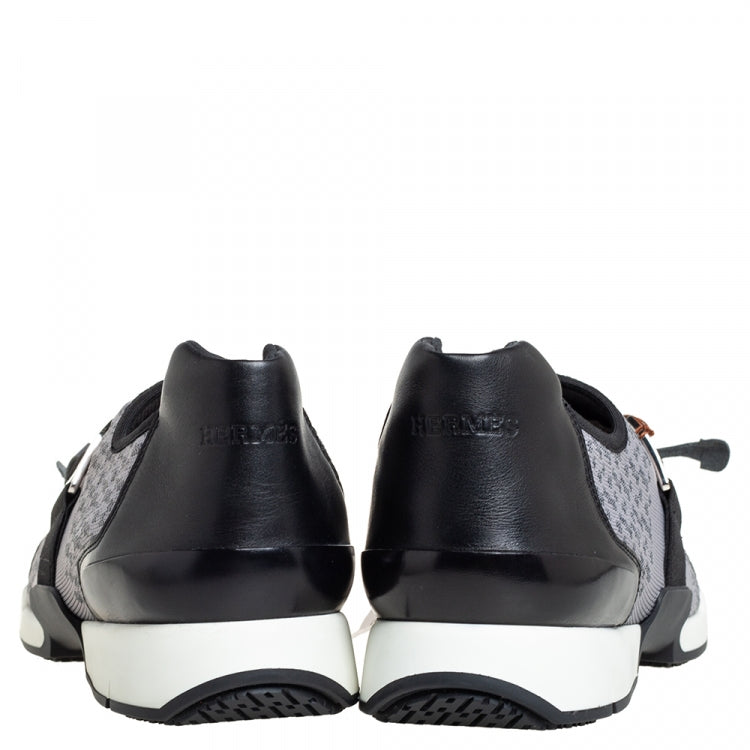 Hermes Grey/Black Knit Fabric And Leather Buckle Run Sneakers Size 43.5