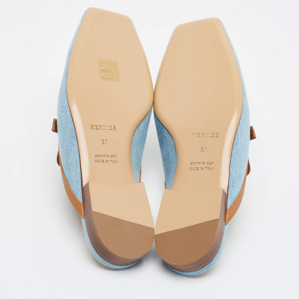 Hermes Groupie Size 37 Blue/Brown Denim and Leather Flat Mules