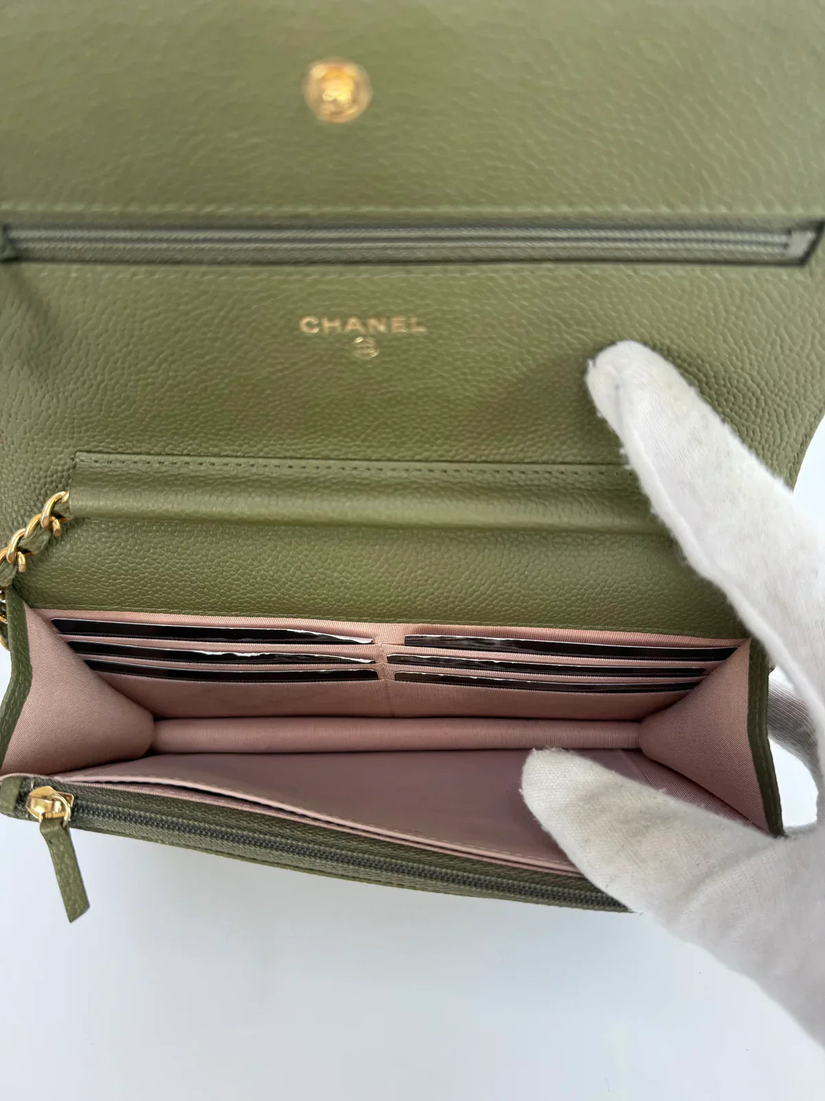 CHANEL BOY WALLET ON CHAIN IN KHAKI CAVIAR LEATHER WITH GHW