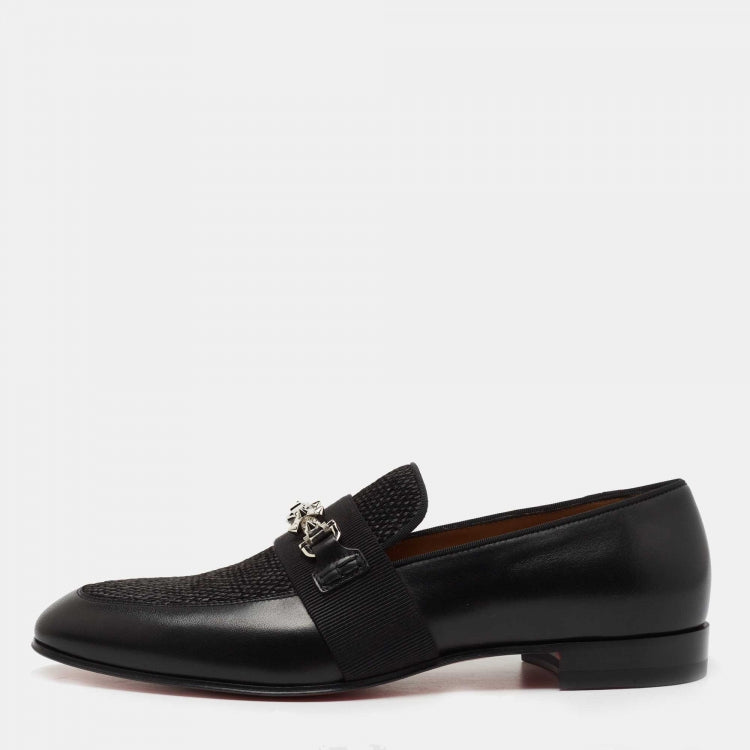 Christian Louboutin Black Leather and Raffia Panamax Spiked Loafers Size 43.5