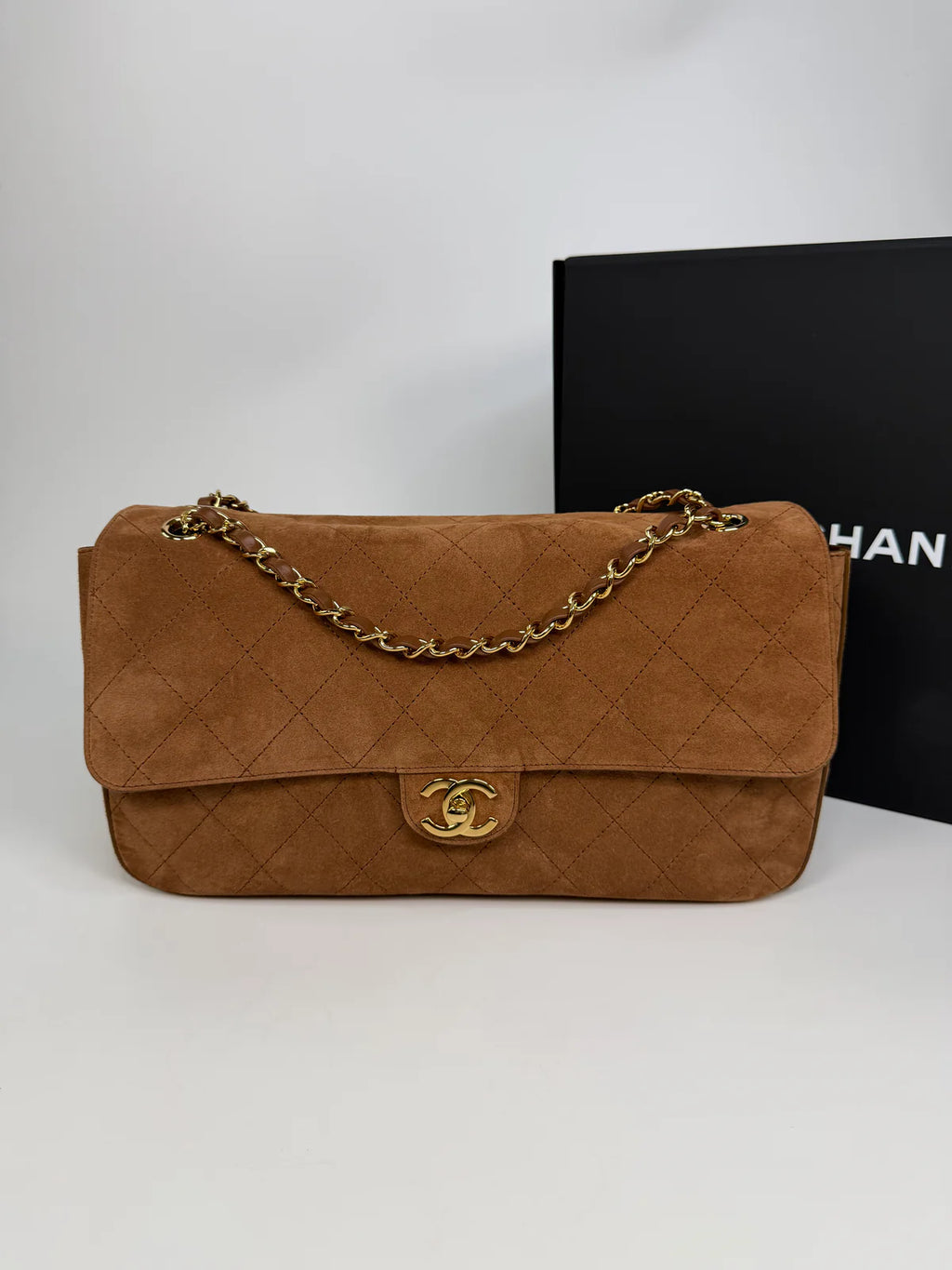CHANEL MAXI FLAP IN TAN SUEDE WITH GOLD HARDWARE