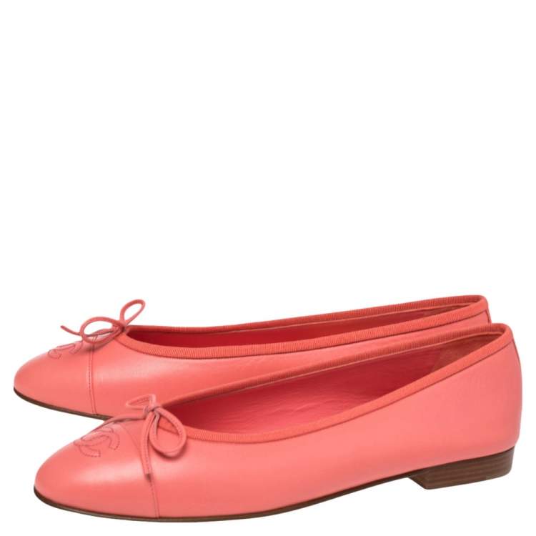 Chanel Coral Pink Leather CC Cap Toe Bow Ballet Flats Size 40