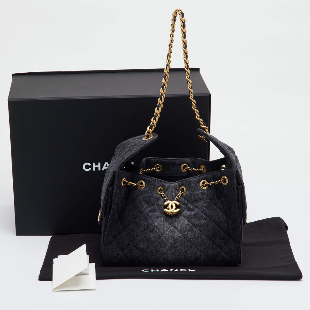 Chanel 25 Drawstring Black Quilted Denim Hobo