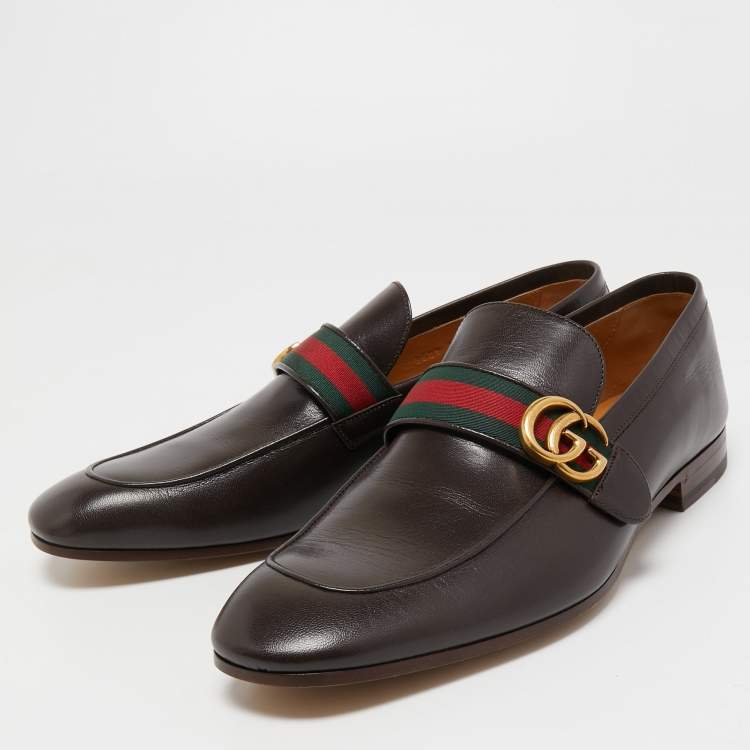 Gucci Brown Leather GG Marmont Web Loafers Size 46