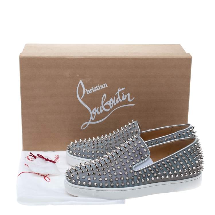 Christian Louboutin Metallic Silver Leather Roller Boat Spiked Slip On Sneakers Size 40
