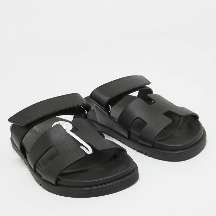 Hermes Black Leather Chypre Sandals 36